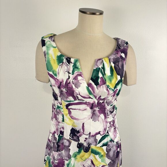 Adrianna Papell Womens 12 Purple Yellow White Floral Print Dress Cotton Blend - Picture 2 of 7